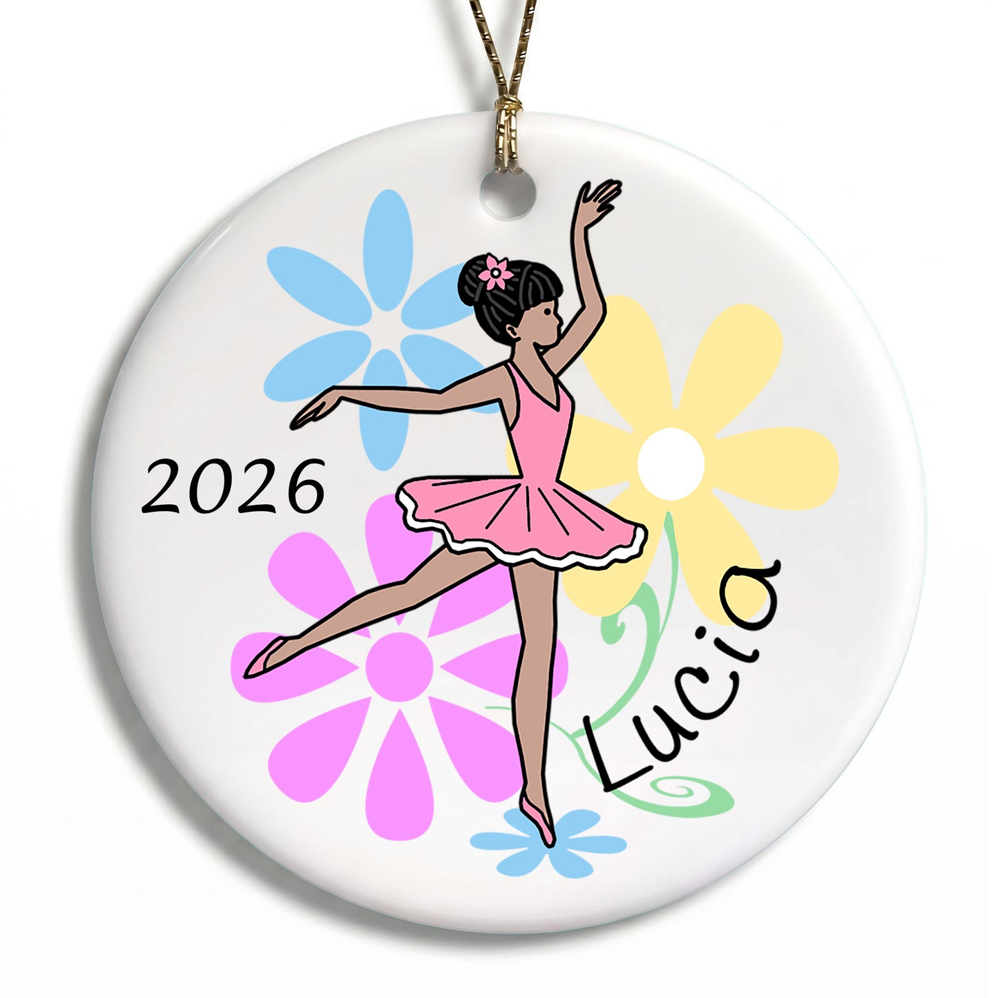 Ballet or Dance Christmas Ornament - Dainty Floral Ballerina - Medium Skin with Black Hair