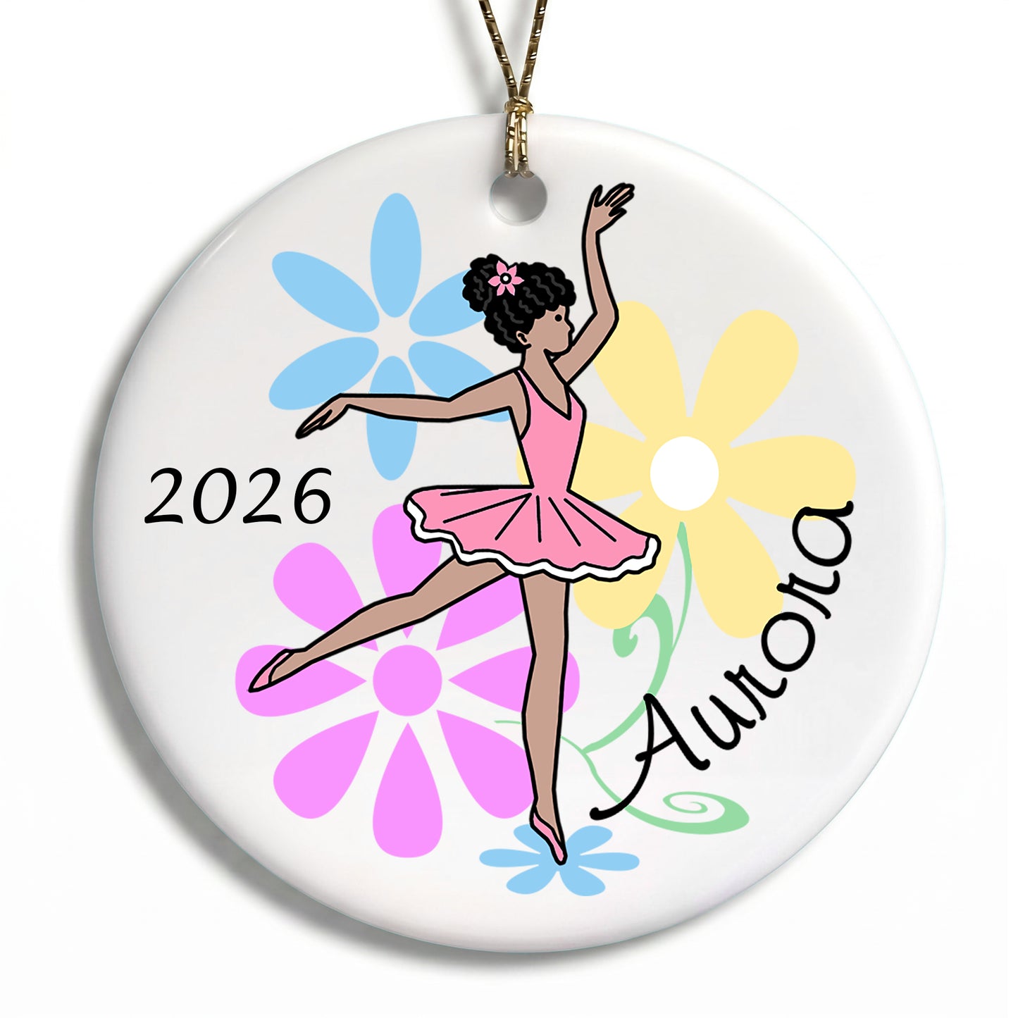 Ballet or Dance Christmas Ornament - Dainty Floral Ballerina - Black / African American with Medium Skin