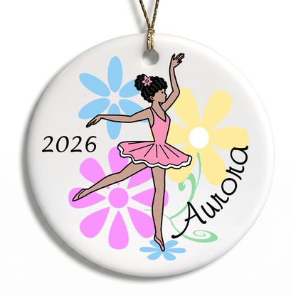 Ballet or Dance Christmas Ornament - Dainty Floral Ballerina - Black / African American with Medium Skin