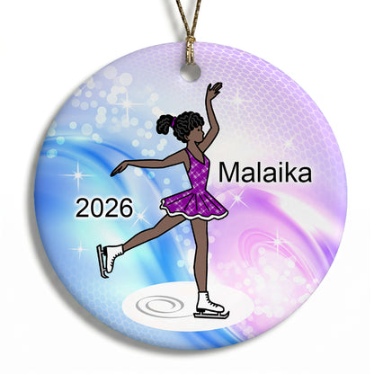 Ice Skating Christmas Ornament - Dainty Sparkle Skater - Black / African American Ice Skating, Figure Skating Girl