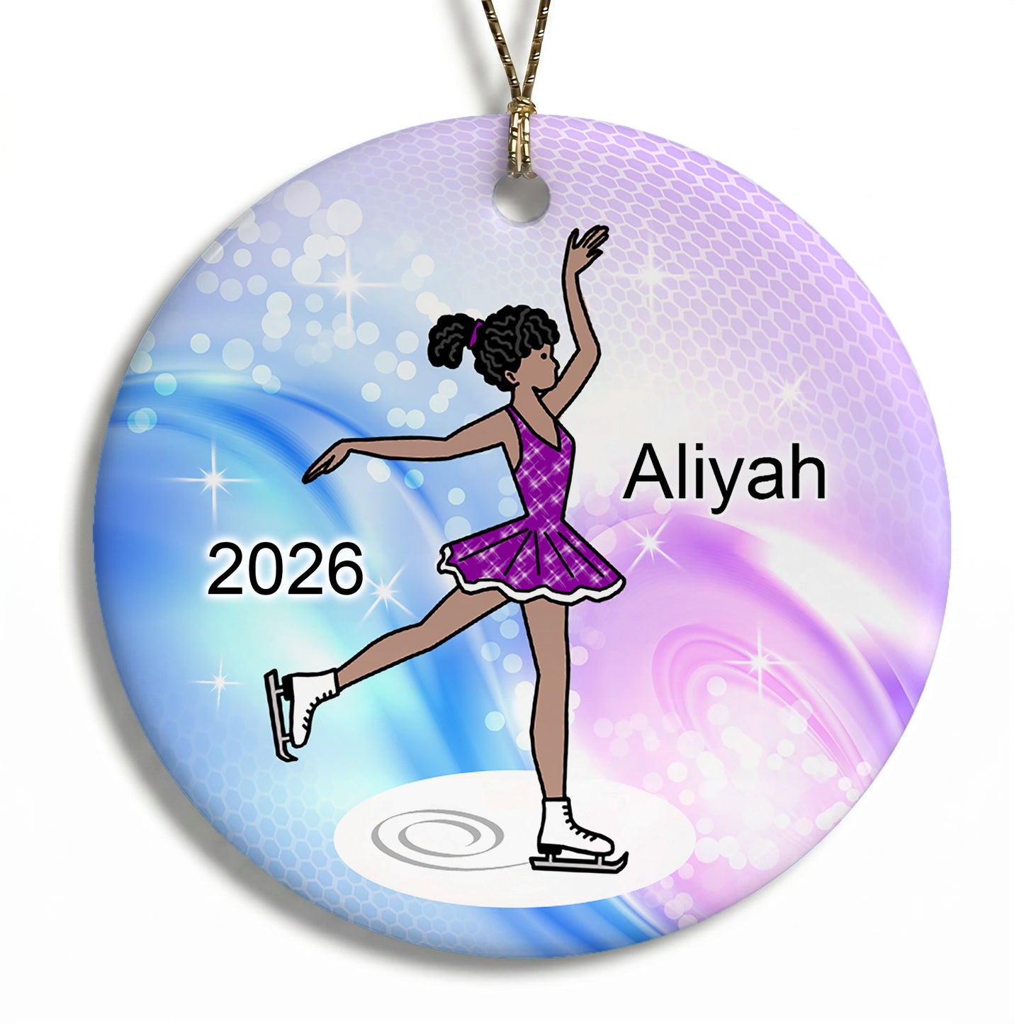 Ice Skating Christmas Ornament - Dainty Sparkle Skater - Black / African American Ice Skating, Figure Skating Girl with medium skin
