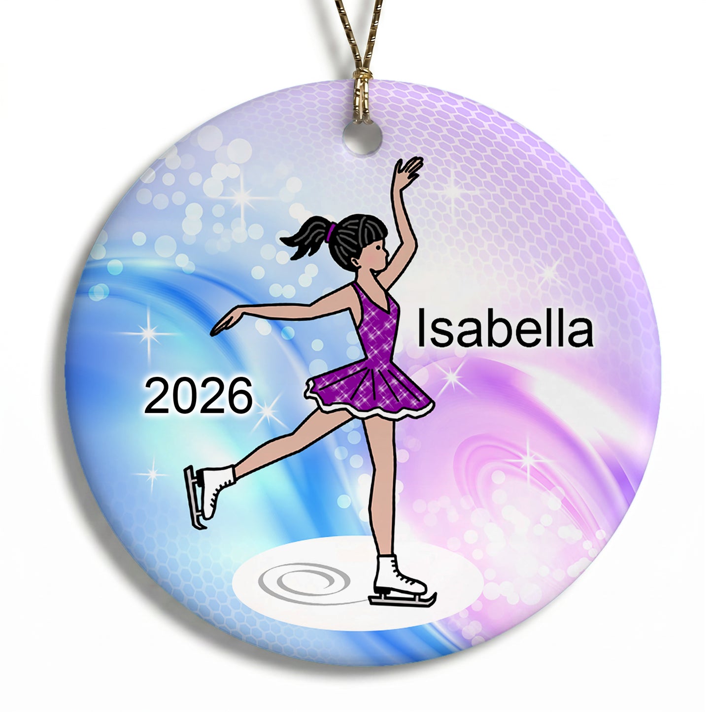 Ice Skating Christmas Ornament - Dainty Sparkle Skater - Ice Skating, Figure Skating Girl with black hair