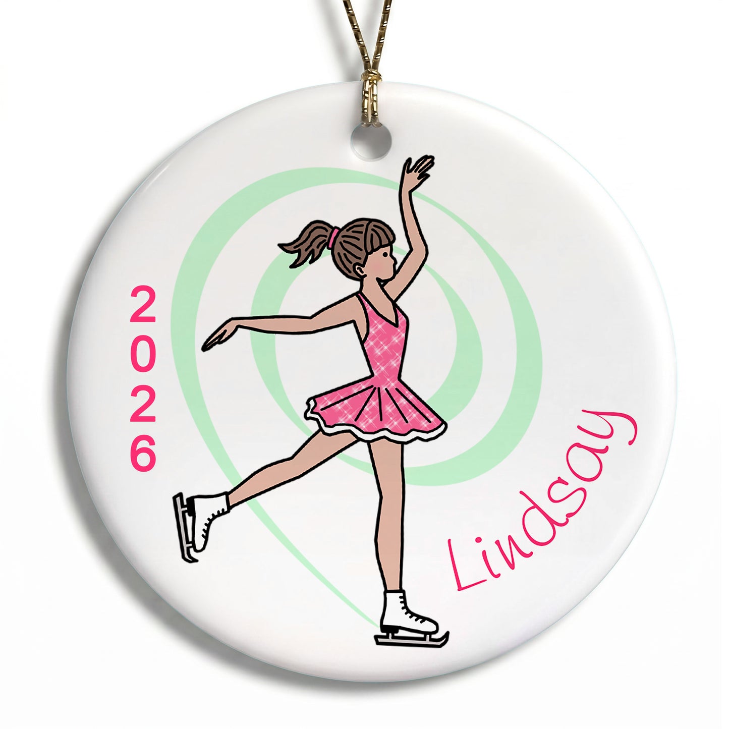Ice Skating Christmas Ornament - Dainty Swirl Skater - Brown Hair
