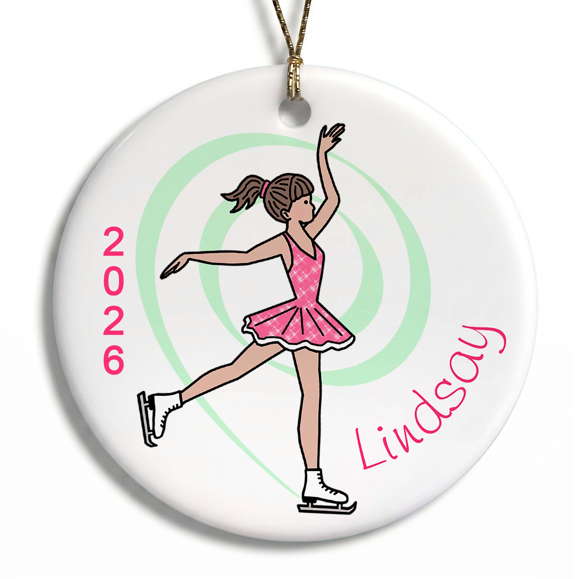 Ice Skating Christmas Ornament - Dainty Swirl Skater - Brown Hair