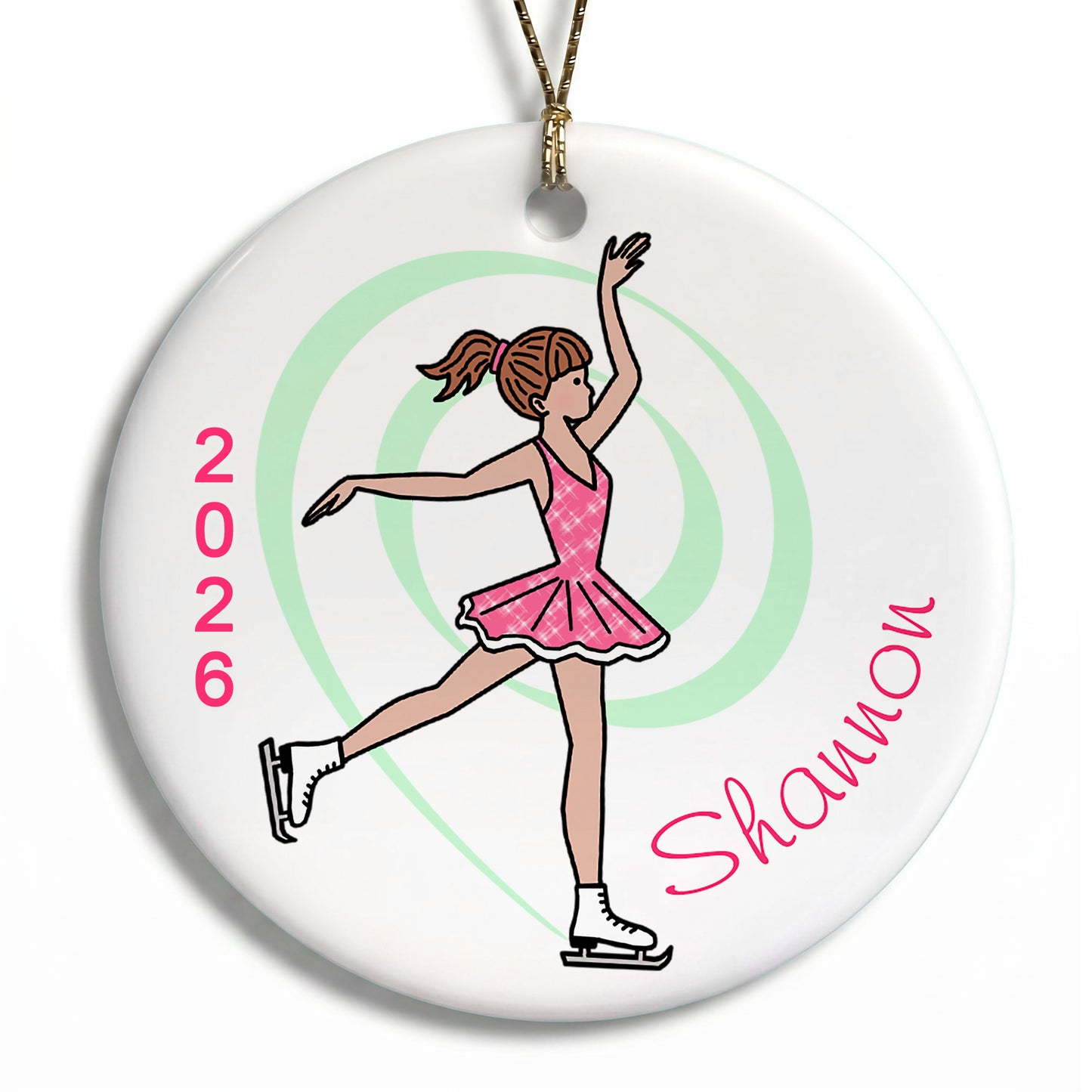Ice Skating Christmas Ornament - Dainty Swirl Skater - Red Hair