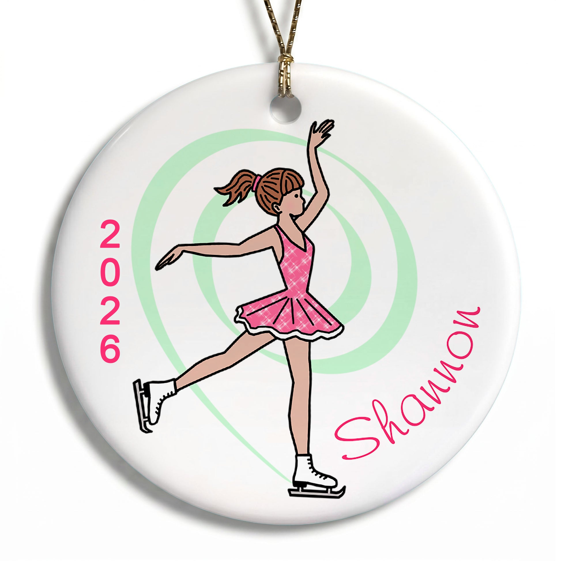 Ice Skating Christmas Ornament - Dainty Swirl Skater - Red Hair