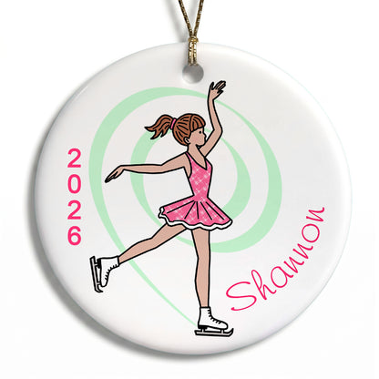 Ice Skating Christmas Ornament - Dainty Swirl Skater - Red Hair