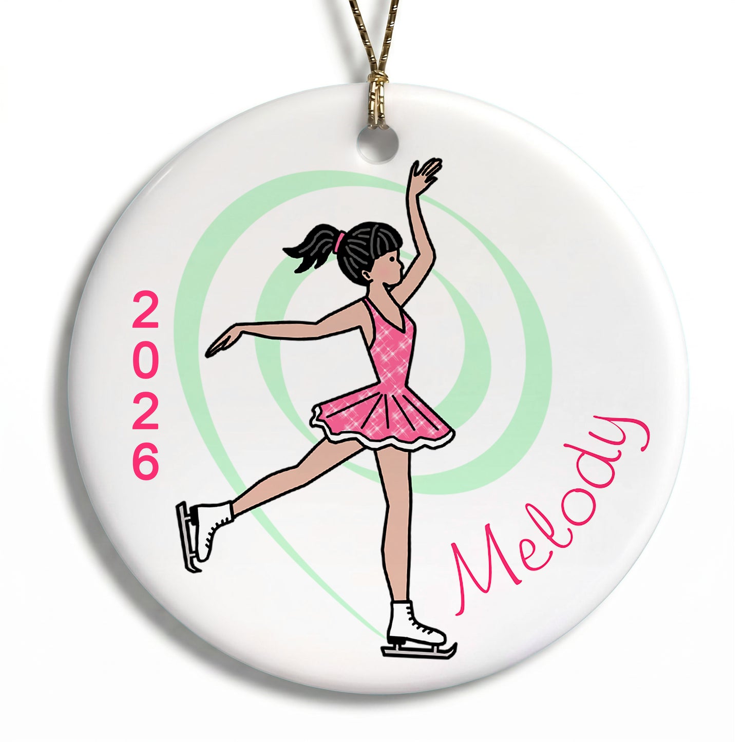 Ice Skating Christmas Ornament - Dainty Swirl Skater - Black Hair