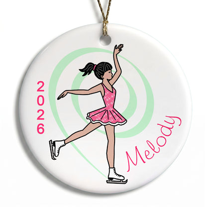 Ice Skating Christmas Ornament - Dainty Swirl Skater - Black Hair