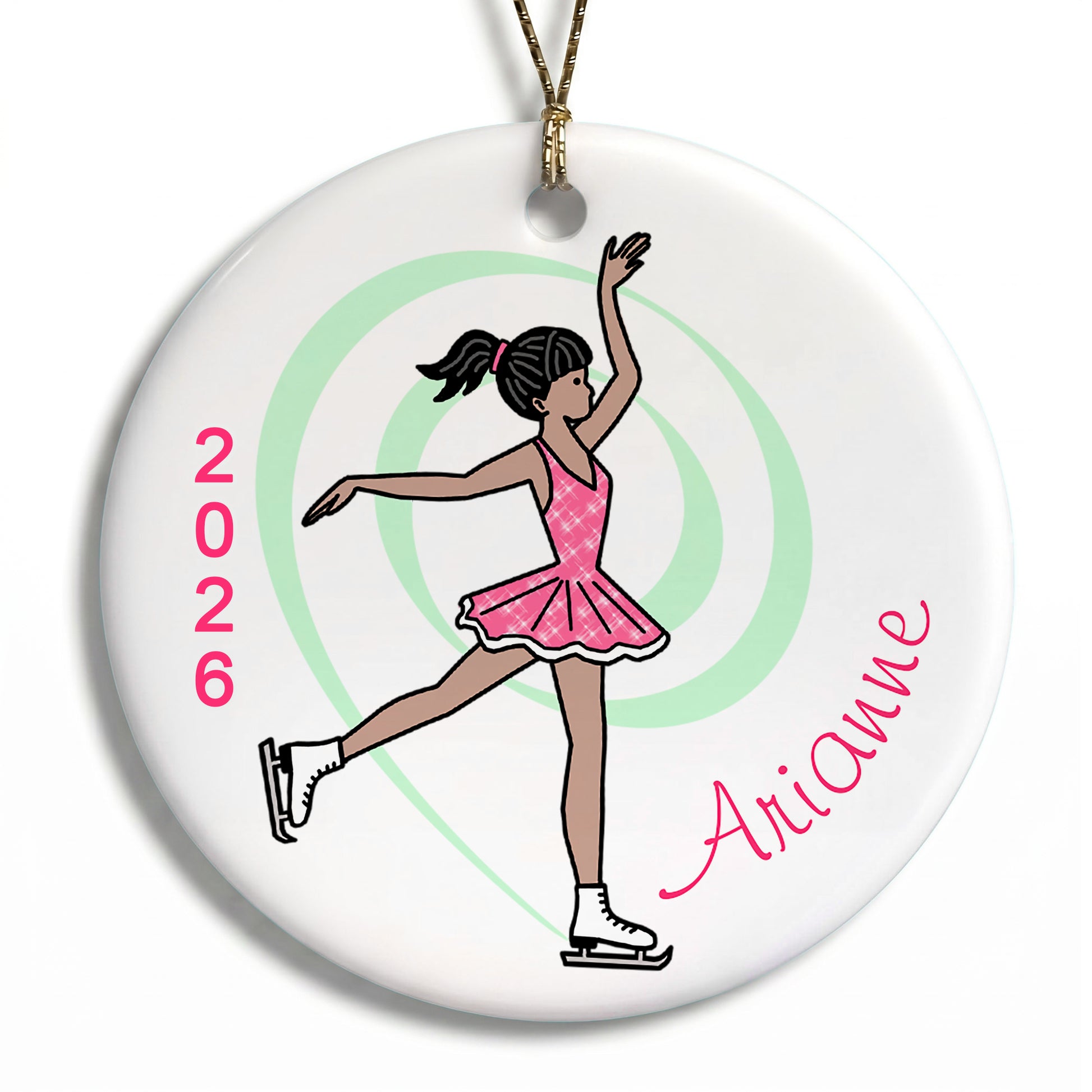 Ice Skating Christmas Ornament - Dainty Swirl Skater - Medium Skin with Black Hair