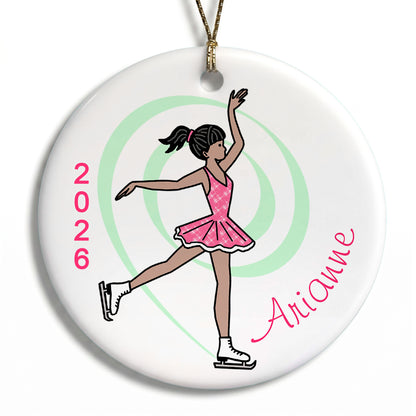 Ice Skating Christmas Ornament - Dainty Swirl Skater - Medium Skin with Black Hair