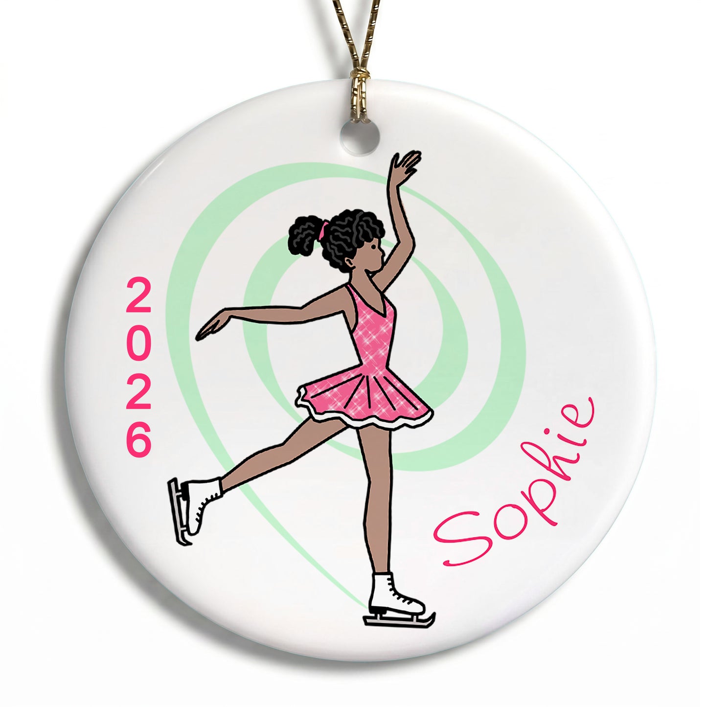 Ice Skating Christmas Ornament - Dainty Swirl Skater - Black / African American with Medium Skin