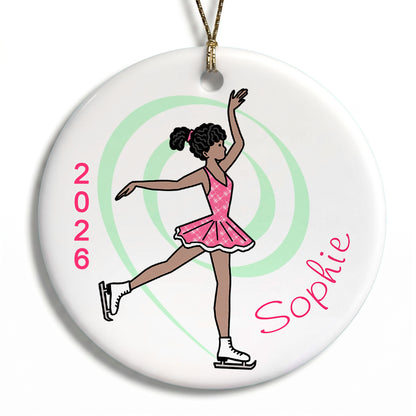 Ice Skating Christmas Ornament - Dainty Swirl Skater - Black / African American with Medium Skin