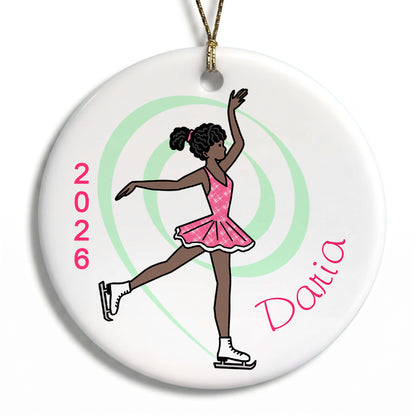 Ice Skating Christmas Ornament - Dainty Swirl Skater - Black / African American