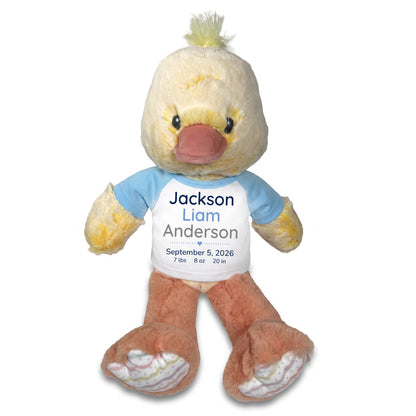 Personalized Stuffed Duck for Baby Girl or Boy - 12 Inch Dani Duck - Light Blue Shirt with Blue & Grey Modern Text. Customized with baby's name, birth date, weight, and length to make a special baby gift.
