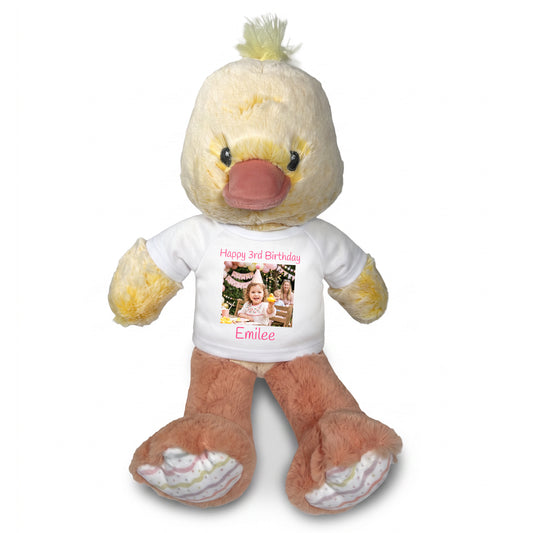 Personalized Stuffed Duck - 12 Inch Plush Ebba Dani Duck with Photo & Text - White Shirt