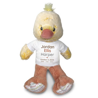 Personalized Stuffed Duck for Baby Girl or Boy - 12 Inch Dani Duck - White Shirt with Brown & Grey Modern Text. Customized with baby's name, birth date, weight, and length to make a special baby gift.