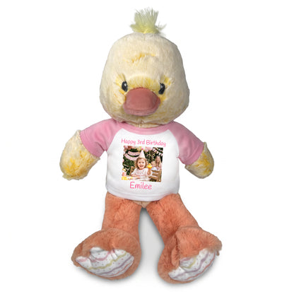 Personalized Stuffed Duck - 12 Inch Plush Ebba Dani Duck with Photo & Text - Pink Shirt
