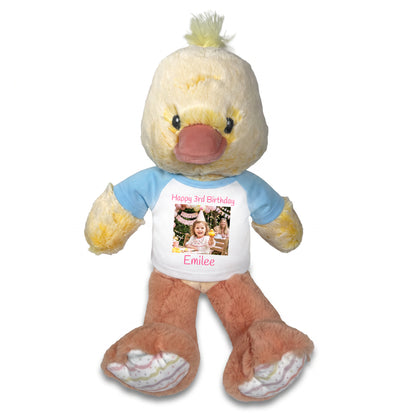 Personalized Stuffed Duck - 12 Inch Plush Ebba Dani Duck with Photo & Text - Light Blue Shirt