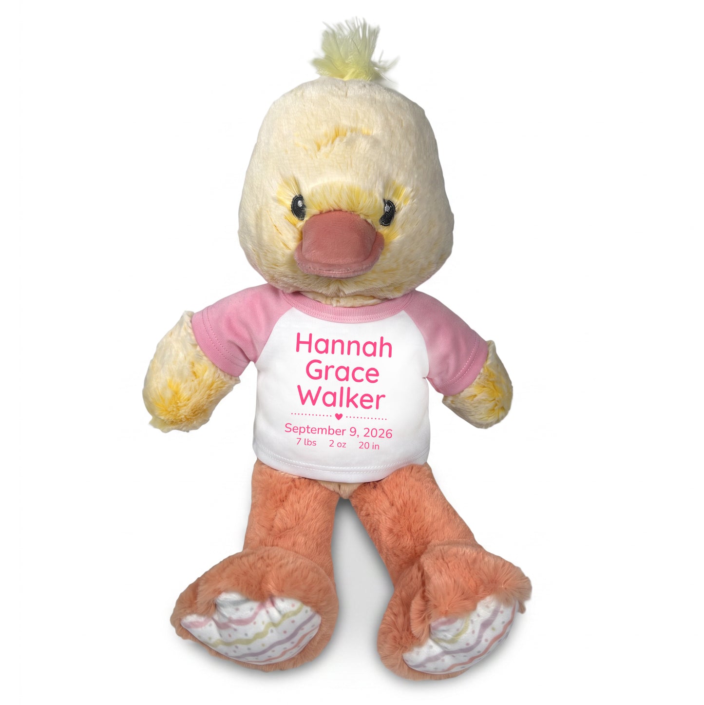 Personalized Stuffed Duck for Baby Girl  - 12 Inch Dani Duck - Pink Shirt with Pink Modern Text. Customized with baby's name, birth date, weight, and length to make a special baby gift.