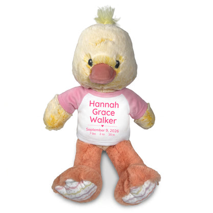 Personalized Stuffed Duck for Baby Girl  - 12 Inch Dani Duck - Pink Shirt with Pink Modern Text. Customized with baby's name, birth date, weight, and length to make a special baby gift.