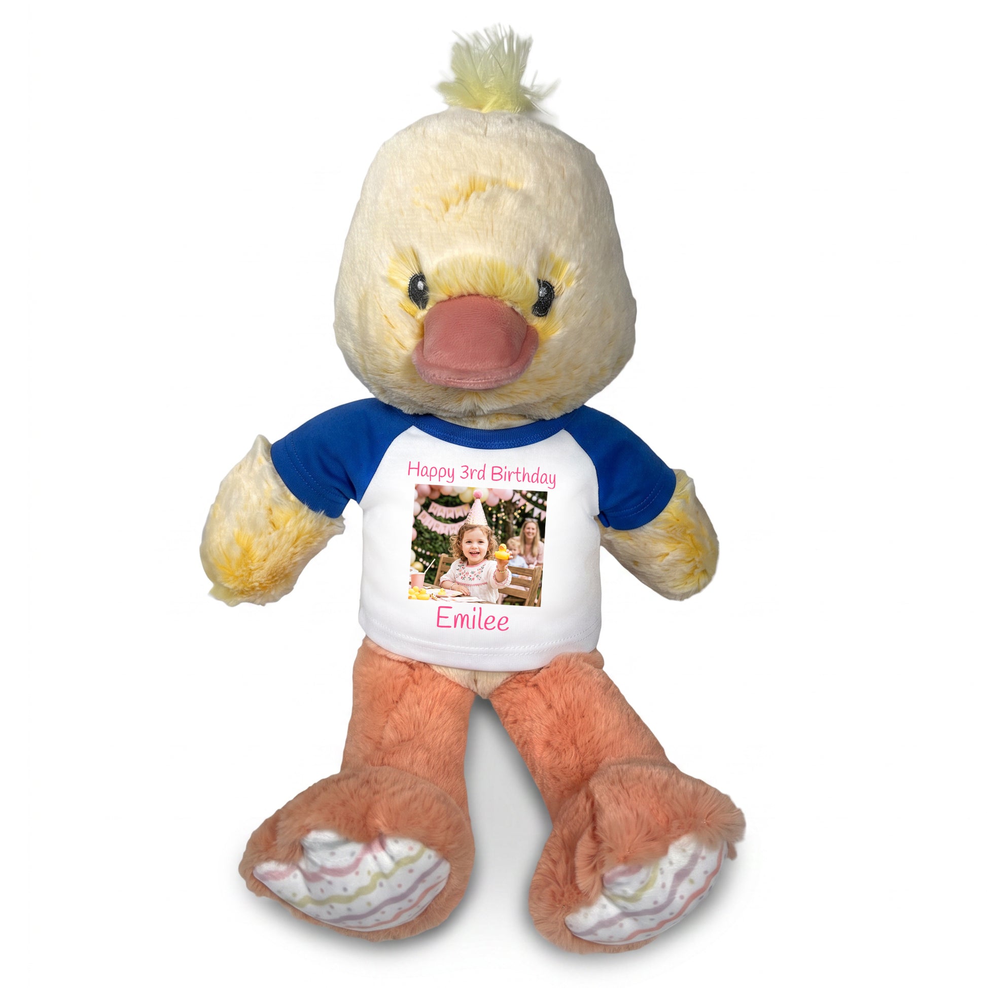 Personalized Stuffed Duck - 12 Inch Plush Ebba Dani Duck with Photo & Text - Royal Blue Shirt
