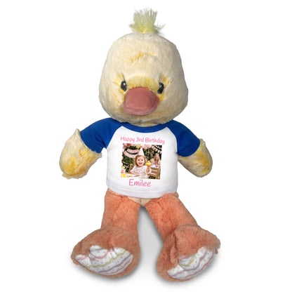 Personalized Stuffed Duck - 12 Inch Plush Ebba Dani Duck with Photo & Text - Royal Blue Shirt