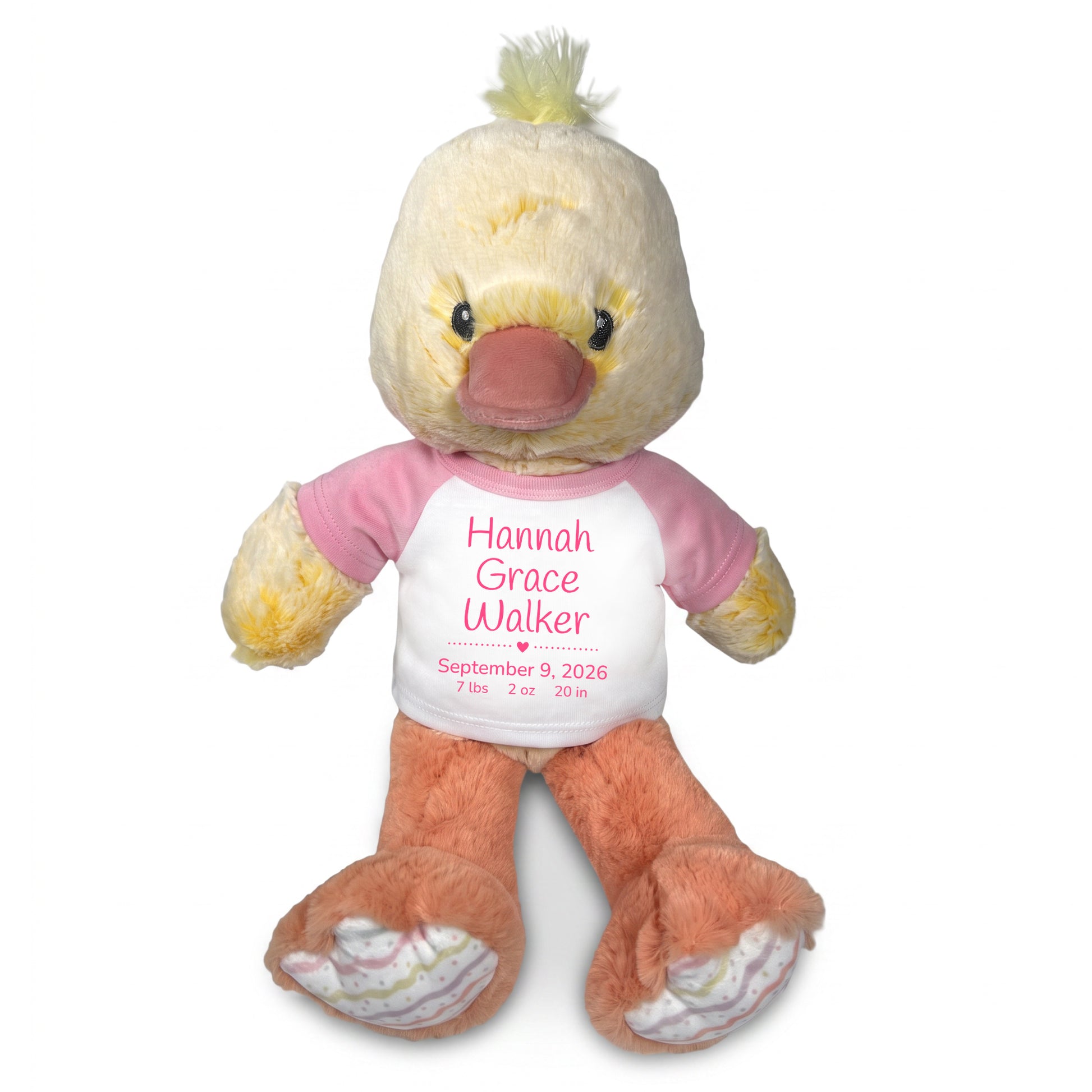 Personalized Stuffed Duck for Baby Girl - 12 Inch Dani Duck - Pink Shirt with Pink Casual Text