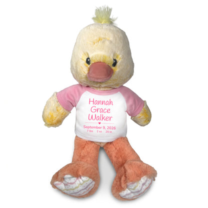 Personalized Stuffed Duck for Baby Girl - 12 Inch Dani Duck - Pink Shirt with Pink Casual Text