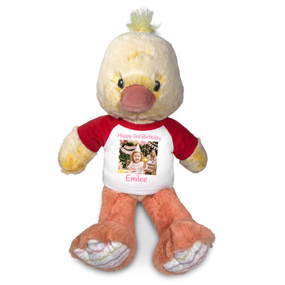 Personalized Stuffed Duck - 12 Inch Plush Ebba Dani Duck with Photo & Text - Red Shirt
