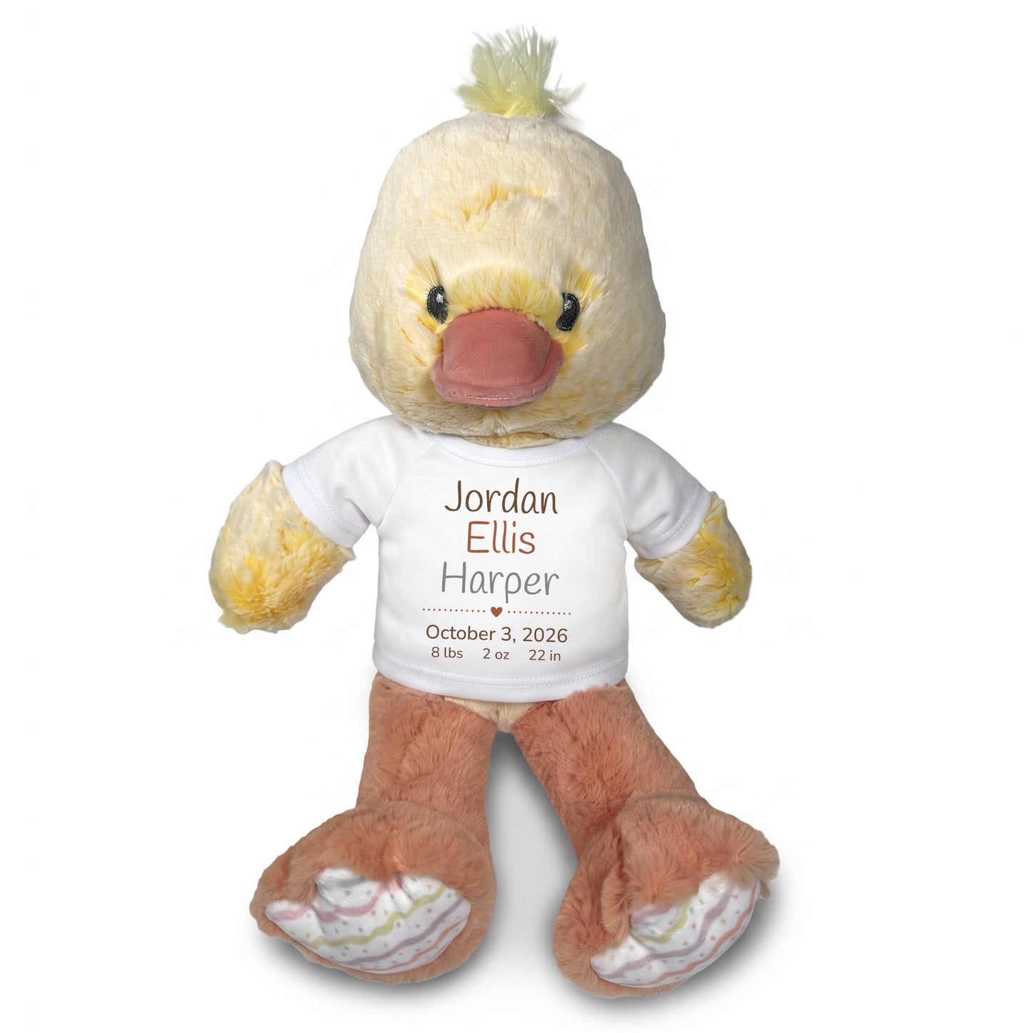 Personalized Stuffed Duck for Baby Girl or Boy - 12 Inch Dani Duck - White Shirt with Brown & Grey Casual Text