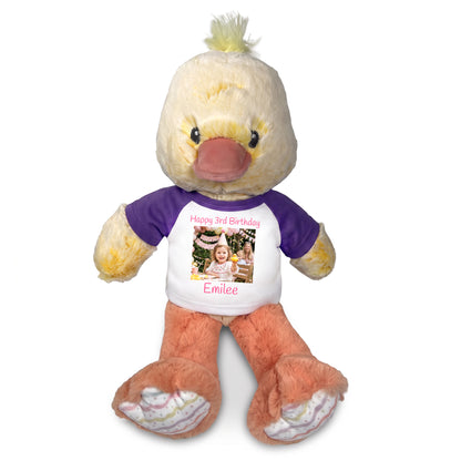 Personalized Stuffed Duck - 12 Inch Plush Ebba Dani Duck with Photo & Text - Purple Shirt