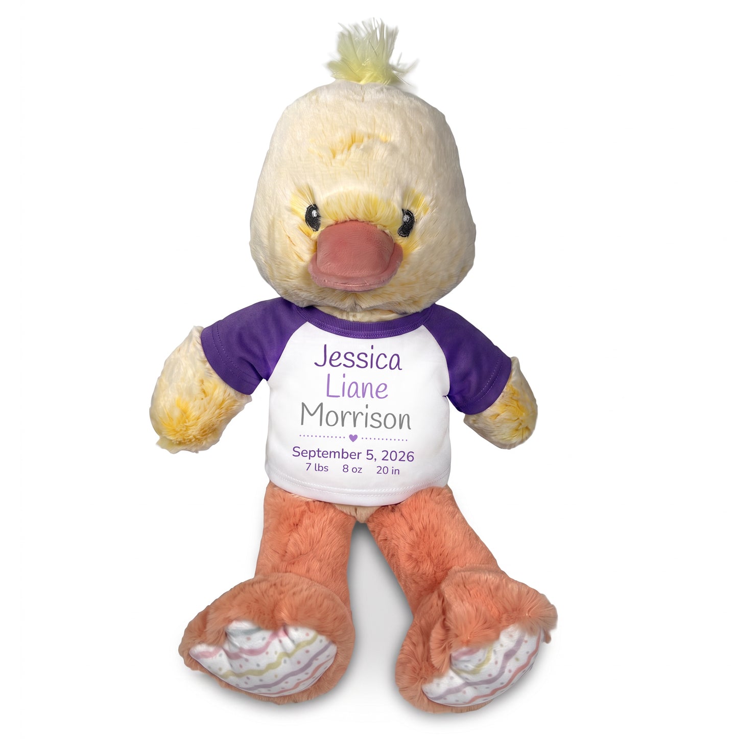Personalized Stuffed Duck for Baby Girl or Boy - 12 Inch Dani Duck - Purple Shirt with Purple and Grey Casual Text