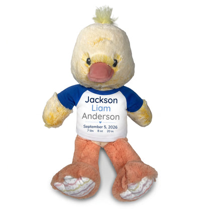 Personalized Stuffed Duck for Baby Girl or Boy - 12 Inch Dani Duck - Royal Blue Shirt with Blue and Grey Modern Text. Customized with baby's name, birth date, weight, and length to make a special baby gift.