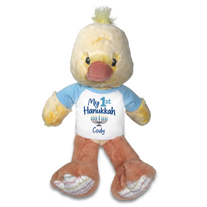 Personalized Hanukkah Stuffed Duck - 12 Inch Plush Dani Duck - My 1st Hanukkah, Light Blue Shirt / Blue Design
