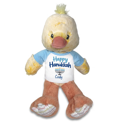 Personalized Hanukkah Stuffed Duck - 12 Inch Plush Dani Duck - Happy Hanukkah, Light Blue Shirt / Blue Design