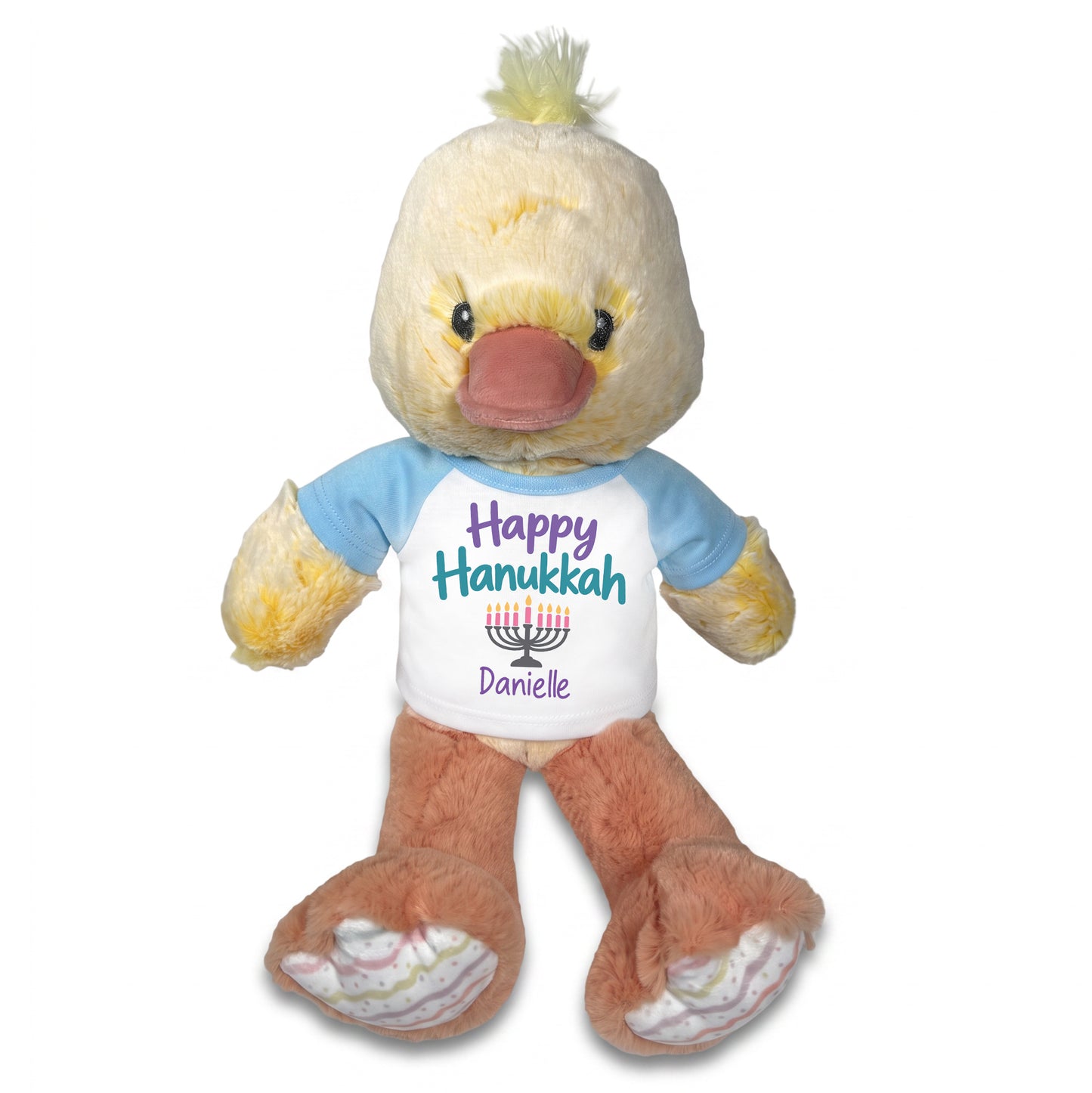 Personalized Hanukkah Stuffed Duck - 12 Inch Plush Dani Duck - Happy Hanukkah, Light Blue Shirt / Pastel Design