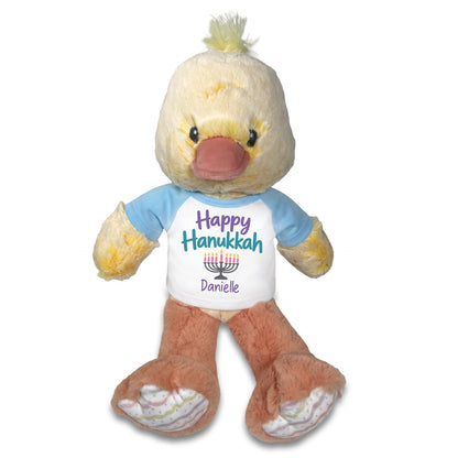 Personalized Hanukkah Stuffed Duck - 12 Inch Plush Dani Duck - Happy Hanukkah, Light Blue Shirt / Pastel Design