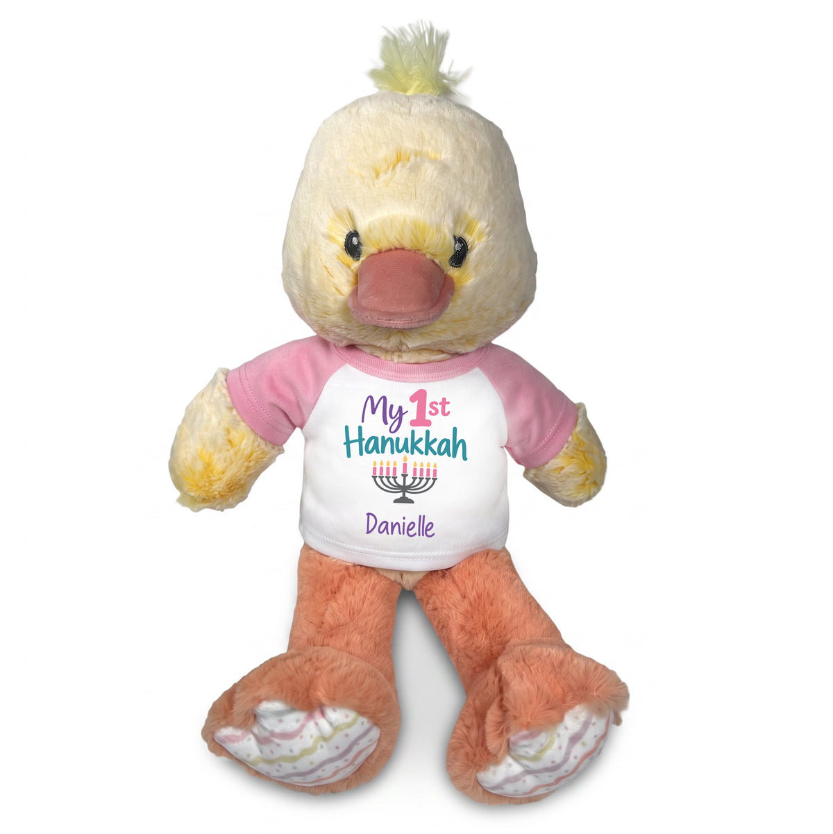 Personalized Hanukkah Stuffed Duck - 12 Inch Plush Dani Duck - My 1st Hanukkah, Pink Shirt / Pastel Design