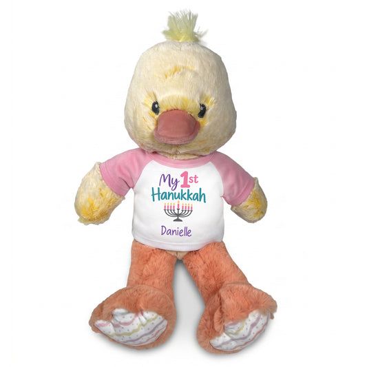 Personalized Hanukkah Stuffed Duck - 12 Inch Plush Dani Duck - My 1st Hanukkah, Pink Shirt / Pastel Design