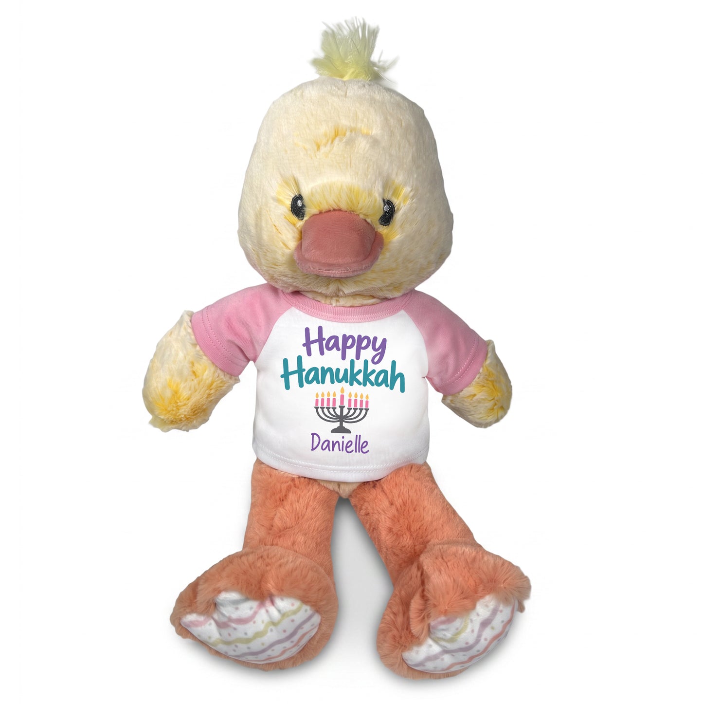 Personalized Hanukkah Stuffed Duck - 12 Inch Plush Dani Duck - Happy Hanukkah, Pink Shirt / Pastel Design