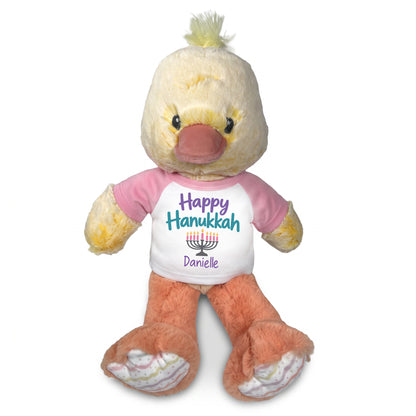 Personalized Hanukkah Stuffed Duck - 12 Inch Plush Dani Duck - Happy Hanukkah, Pink Shirt / Pastel Design