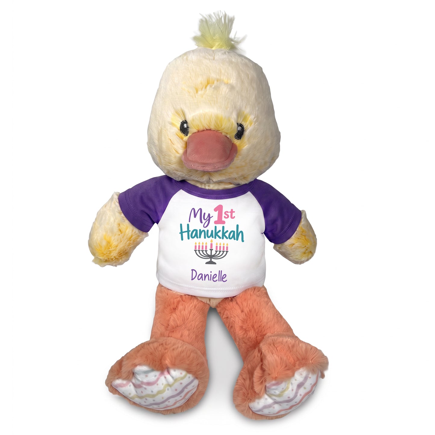 Personalized Hanukkah Stuffed Duck - 12 Inch Plush Dani Duck - My 1st Hanukkah, Purple Shirt / Pastel Design
