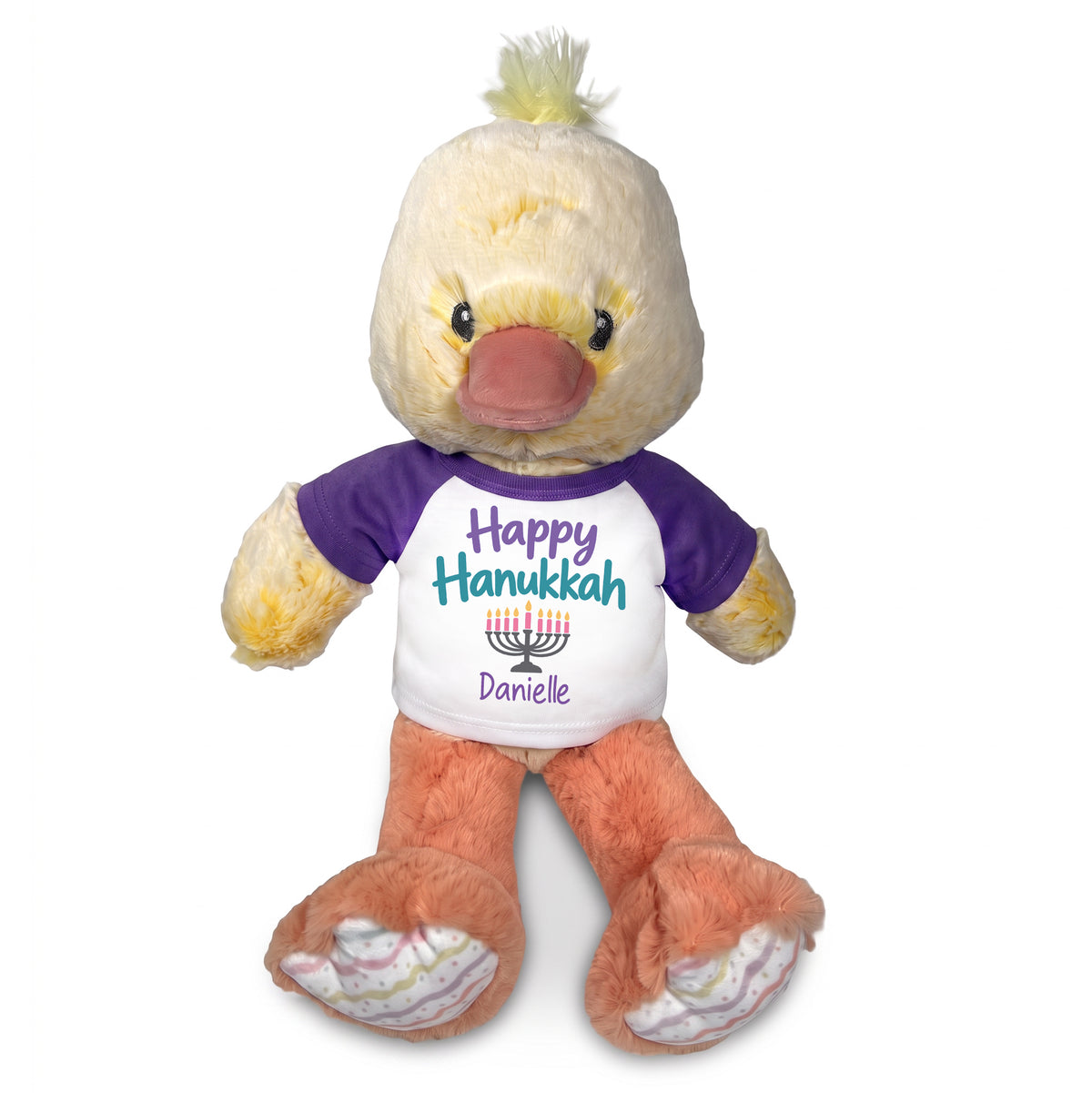 Personalized Hanukkah Stuffed Duck - 12 Inch Plush Dani Duck - Happy Hanukkah, Purple Shirt / Pastel Design