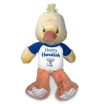 Personalized Hanukkah Stuffed Duck - 12 Inch Plush Dani Duck - Happy Hanukkah, Royal Blue Shirt / Blue Design