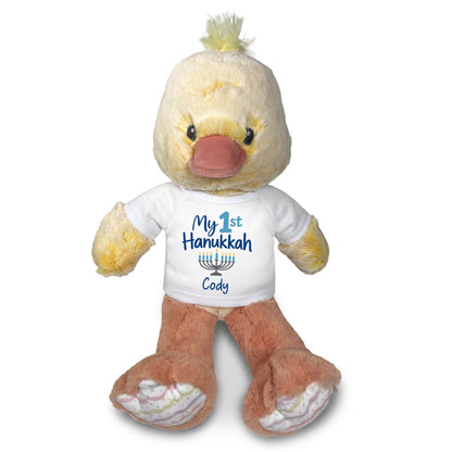 Personalized Hanukkah Stuffed Duck - 12 Inch Plush Dani Duck - My 1st Hanukkah, White Shirt / Blue Design