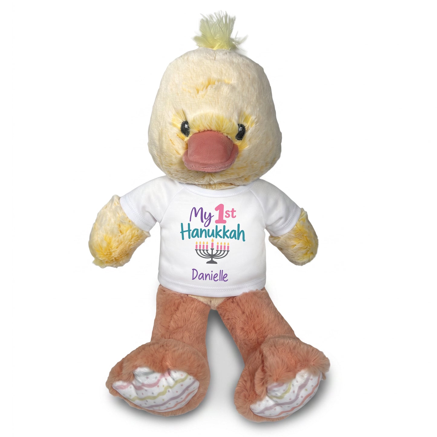 Personalized Hanukkah Stuffed Duck - 12 Inch Plush Dani Duck - My 1st Hanukkah, White Shirt / Pastel Design