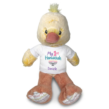 Personalized Hanukkah Stuffed Duck - 12 Inch Plush Dani Duck - My 1st Hanukkah, White Shirt / Pastel Design