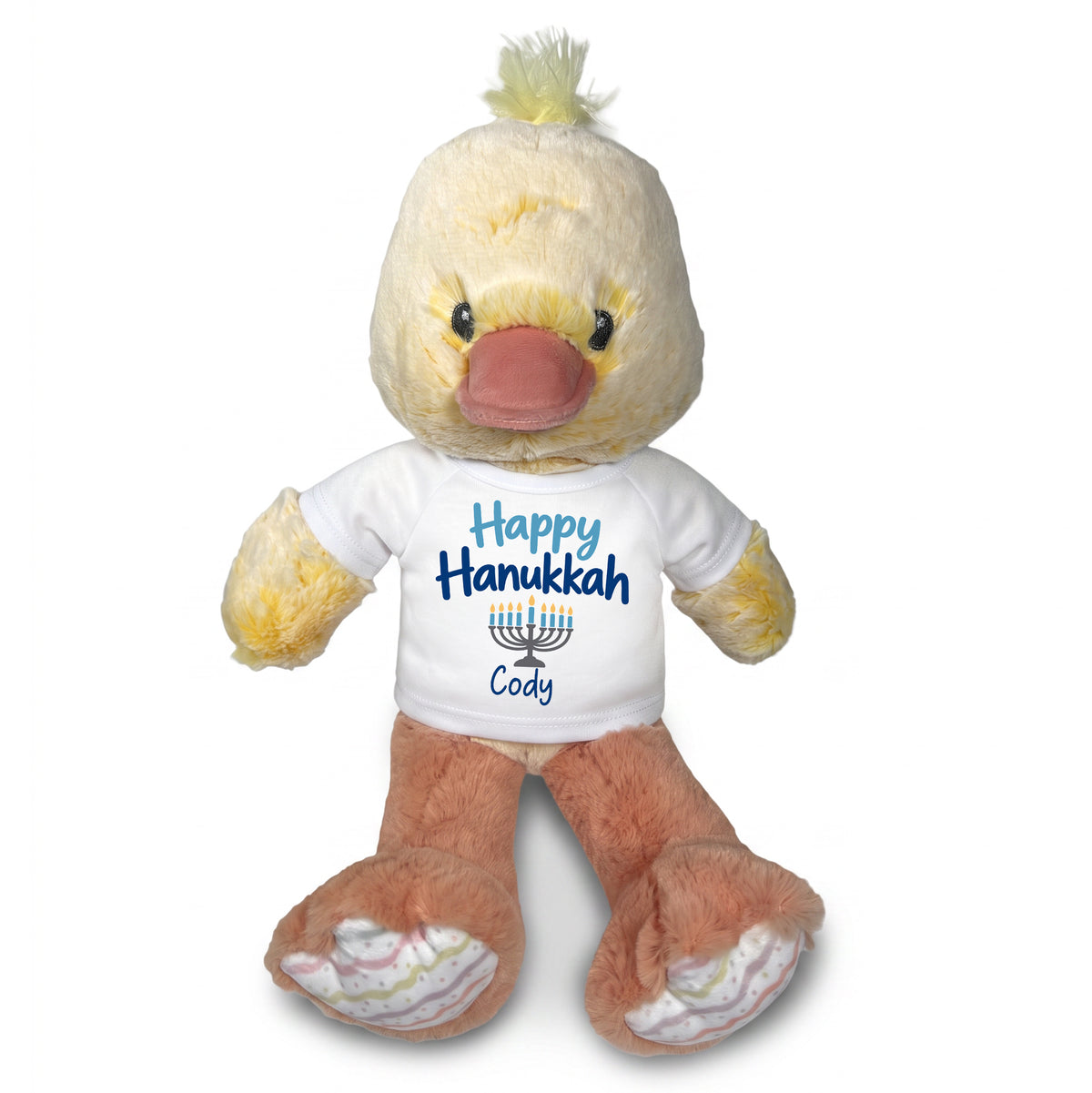 Personalized Hanukkah Stuffed Duck - 12 Inch Plush Dani Duck - Happy Hanukkah, White Shirt / Blue Design