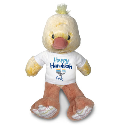 Personalized Hanukkah Stuffed Duck - 12 Inch Plush Dani Duck - Happy Hanukkah, White Shirt / Blue Design